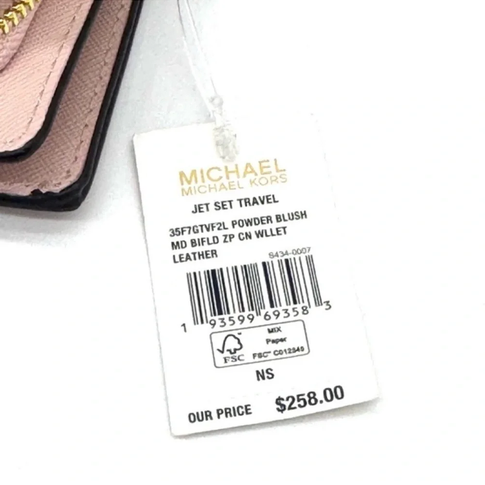 Michael Kors Medium Jet Set Travel Zip Chain Bifold Wallet Leather Powder Blush